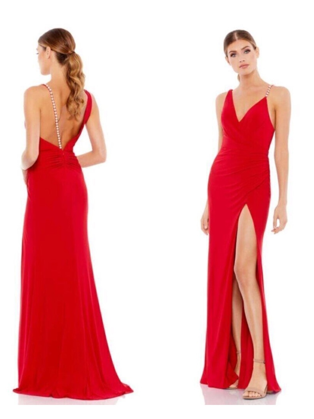 Ieena for Mac Duggal Red Asymmetrical Pearl Strap V Neck Gown 6